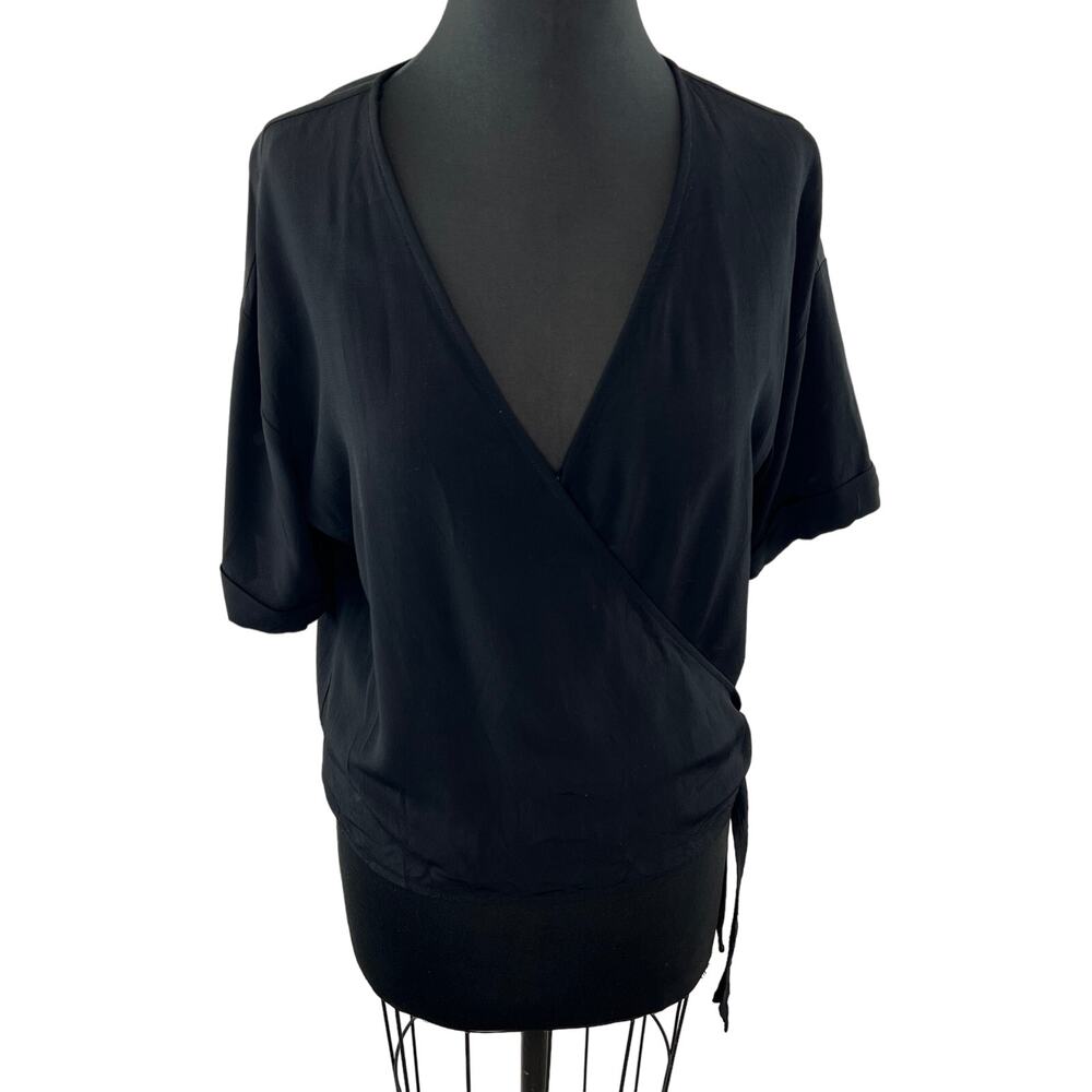 EILEEN FISHER Black Tencel Lyocell V-Neck Short Sleeve Cuffed Wrap Top Blouse S